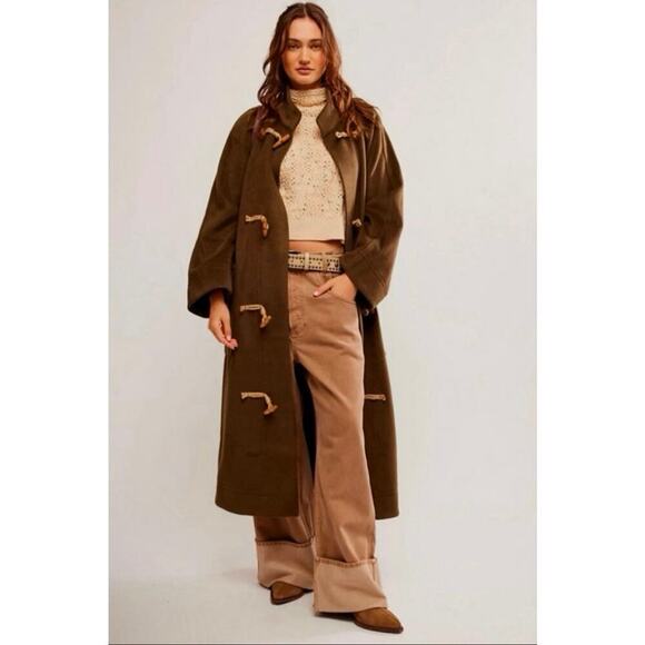 Free People Relaxed Fit Alma Longline Duffle Coat in Olive Oversized XS/ S NWT